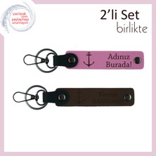 Kişiye Özel Denizcilik Motifli Anahtarlık, Çıpa Deseniyle 2’li Hediye Takımı, Pembe-Koyu Kahve