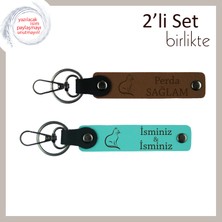 Patisini Hiç Bırakmayanlara, Kedi Temalı, Kişisel Isimli Anahtarlık Takımı, Açık Kahve-Turkuaz