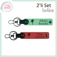 Sporcu Ruhlu Sevgiliye Kişisel Hatıralık, Dövüş Temalı Deri Anahtarlık Seti, Açık Yeşil-Nar Çiçeği