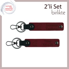 Kedisever Sevgiliye Anlamlı Hediye, Kişisel Yazılı, Patili 2’li Anahtarlık, Bordo-Bordo