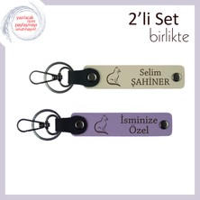 Pati Seven Sevgiliye Mini Hediye, Kedili, Kişisel Deri Anahtarlık, Sütlü Kahve-Mor Menekşe