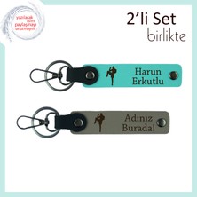 Tekvando Figürlü Mezuniyet Hatırası, Kız Sevgiliye Yazı Eklenebilir Deri Anahtarlık, Turkuaz-Kül Gri
