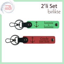 Deniz Temalı Kız Kardeşe Verilebilecek Kişisel Armağan, Çapa Desenli Deri Set, Fıstık Yeşil-Nar