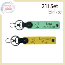 Tüylü Aşkınızı Simgelesin, Kedi Temalı, Kişiye Özel Yazılı Anahtarlık Seti, Açık Yeşil-Sarı