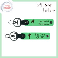 Tekvando Motifli Hediyelik, Kız Kardeşe Uygun Kalıcı Isimli Deri Anahtarlık, Fıstık Yeşil-F Yeşil