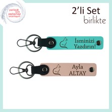 Miyavlayan Sadakate Özel, Kedili Desen, Kişisel Isimli 2’li Anahtarlık, Turkuaz-Yavru Ağzı