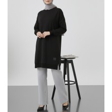 Tesettür Siyah Uzun Sweat Tunik, Pamuklu Oversize Salaş Model