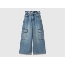Benetton Kız Çocuk Koyu Mavi Beli Bağlamalı Kargo Stili Wide Fit Denim Pantolon