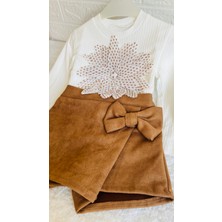 Kız Çocuk Kurdale Detaylı Süet Etekli 2 Renkli Uzun Kollu Alt ve Üst Takım