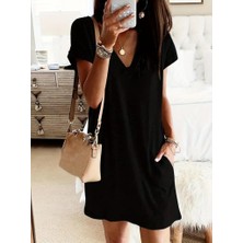 Kadın Kısa Kollu V Yakalı Cepli Kısa Viskon Elbise