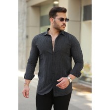 Erkek Çizgi Desenli Uzun Kollu Pamuklu Keten Gömlek