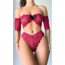 Bicomi Fiyonk Detaylı Kırmızı Dantel Sütyen Külot Takım