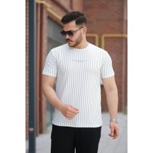 Erkek Dikey Çizgili Ottoman Kumaş Kısa Kollu T-Shirt