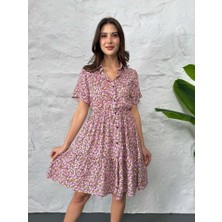 Baskılı Keten Elbise - Lila