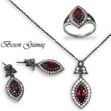 Oval Kırmızı Taşlı Otantik Gümüş Set