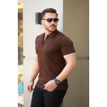 Erkek Göğüs Pirinç Desenli Fermuar Yakalı Kısa Kollu Tişört
