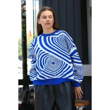 Biçomi Beyaz Kalp Çizgili Kazak Saks Mavisi