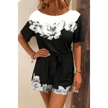 Tua Moda Kadın Tek Omuzu Açık Çiçek Desenli Beli Kuşaklı Iki Iplik Mini Short Tulum