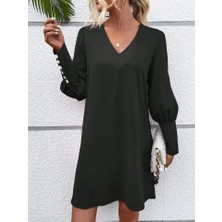 Nidam Butik Kadın Uzun Kollu V Yakalı Kısa Ithal Krep Elbise