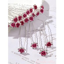 10'lu Mini Kristal Taşlı Çiçek Tasarım Firkete Toka Sıcak Pembe - Nikah Kına Söz Topuz Saç Tokası