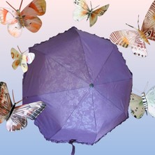 Mini Çanta Boy Tam Otomatik Gül Desenli Mor Fırfırlı Bayan Şemsiyesi