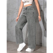 Kadın Baggy Fit Yüksek Bel Denim Jean Yıkamalı Pantolon