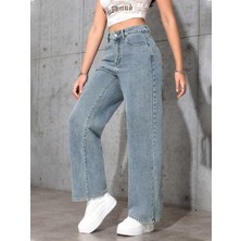 Kadın Baggy Fit Yüksek Bel Denim Jean Yıkamalı Pantolon