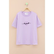 Lila Sırtı Kalp Baskılı Yazılı Kız Çocuk Bisiklet Yaka Tişört 20971