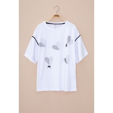 Ekru Kolu Şerit Detaylı Payetli Kız Çocuk Oversize Tişört 20812