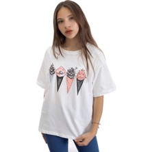 Ekru Dondurma Baskılı Taşlı Kız Çocuk Kısa Kol Oversize Tişört 20793