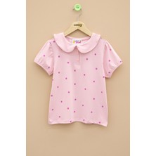 Pembe Çiçek Desenli Düğmeli Yaka Kız Çocuk Tişört 20990