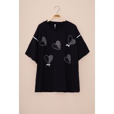 Siyah Kolu Şerit Detaylı Payetli Kız Çocuk Oversize Tişört 20813