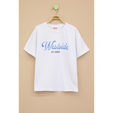 Ekru West Side Kabartmalı Yazılı Kız Çocuk Bisiklet Yaka Tişört 20976
