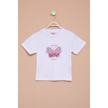 Ekru Kelebek Baskılı Payetli Kız Çocuk Tişört 20997