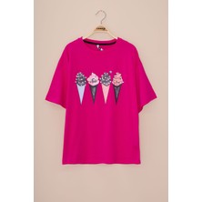 Fuşya Dondurma Baskılı Taşlı Kız Çocuk Kısa Kol Oversize Tişört 20796