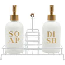 Rakle Stark Beyaz Metal Ahşap Kulplu Stand 2'li Sıvı Sabunluk Seti Beyaz 420 cc