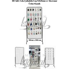 60 Adet Askı Çubuklu Cep Telefonu ve Aksesuar Ürün Standı - 90 x 190 cm Tel Pano Standı