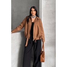 Dokuma Süet Kumaş Bomber Ceket - Açık Kahve