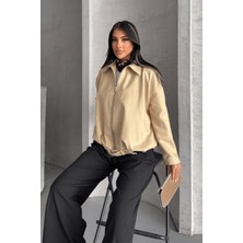 Dokuma Süet Kumaş Bomber Ceket - Krem