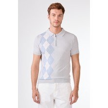 Açık Gri Polo Fermuar Yaka Baklava Desen Slim Fit Triko Tshirt