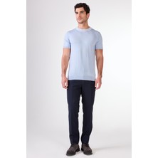 Buz Mavisi O Yaka Düz Renk Kısa Kollu Slim Fit Triko Tshirt