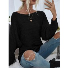 Ezel Glory Kadın Uzun Kollu Yakası Açık Saç Örgü Desenli Triko Bluz