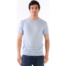 Buz Mavisi O Yaka Düz Renk Kısa Kollu Slim Fit Triko Tshirt