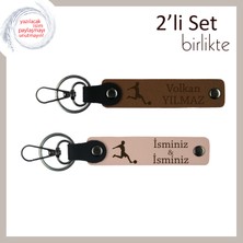 Futbolcu Erkek Kardeşe Özel Spor Temalı Hediyelik, Kişisel Deri Anahtarlık Set, A Kahve-Yavru Ağzı