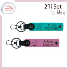 Miyavlayan Stili Yansıtan Hediye, Patili Desenli, Isme Özel Anahtarlık, Koyu Turkuaz-Pembe