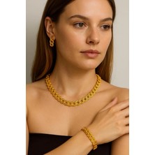 Altın Kaplama Samanyolu Çok Şık Gerdanlık Seti Kolye Küpe ve Bileklik Seti 22 Ayar Altın Kaplama