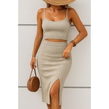 Tex Nova Kadın Kolsuz Askılı Crop Yırtmaçlı Midi Etek Fitilli Kaşkorse Takım