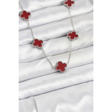 316L Çelik Zincir Gümüş Renk Bordo Renk Yonca Kadın Kolye