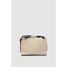 Zyren Toka ve Fermuar Kapamalı Keten Çapraz Askılı El Çantası Krem-Siyah