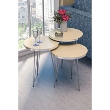 Gold Falez Zigon Sehpa Gümüş Krem Tel Modern Tasarım Yuvarlak Suntalam Malzeme 3 Adet Şık Dekor